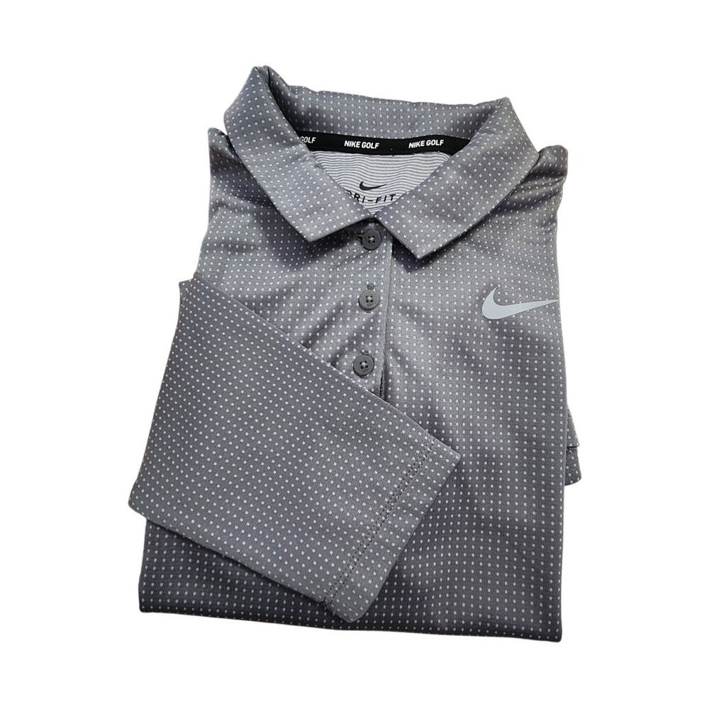Nike Golf Dri-Fit Polo Gray Polka Dot Long Sleeve Activewear Shirt Large